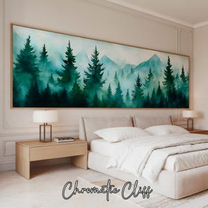 Pini nebbiosi in montagna, un paesaggio ad acquerello delicato, disponibile in stampa premium con spedizione gratuita, perfetto per spazi accoglienti