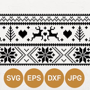 Impression de Noël Fair Isle SVG parfaite pour un circuit ou une silhouette disponible en SVG DXF pdf et eps. Renne, flocons de neige, clipart nordique hygge