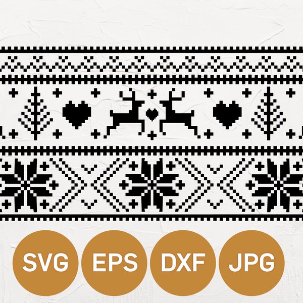 Christmas Fair isle SVG print perfect for circuit or silhouette available in SVG DXF pdf and eps. Reindeer snowflakes nordic clip art hygge