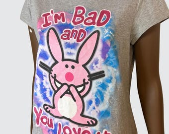 Graues Grafik T-Shirt mit Rosa Hase und 'I'm Bad and You Love It' Print Gr. L