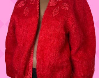Vintage Rote Mohair Strickjacke mit Blatt Stickerei one size
