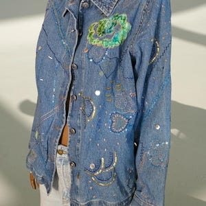 Vintage TabJay denim jacket velvet floral design and embroidery and beads size M