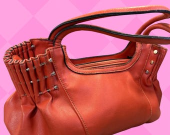orange real leather hobo slouchy purse pleated sides rivet hardware handmade