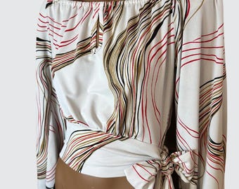 Vintage 1Women's Off-Shoulder Langarm-Wickeltop mit Abstraktem Streifenmuster