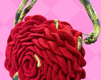 Handgemachte rote häkeln 3D Rose Geldbörse mit grünem Griff