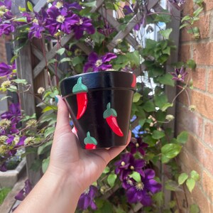Chilli Plant Pot: Hand-Painted Black Ceramic Planter, Indoor Home Decor