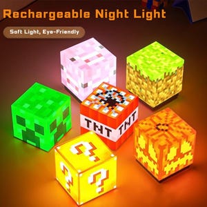 Pixel Block LED Night Light – Rechargeable Magnetic Ambient Lamp, Cute Cube Desk & Bedside Light, Gamer Room Decor