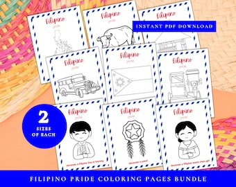 May include: A set of printable coloring pages featuring Filipino pride. The pages include images of a jeepney, a carabao, a parol, a Filipino boy in a barong, a Filipino girl in a Maria Clara dress, and the Philippine flag. The text "Filipino Pride" is at the top of each page.