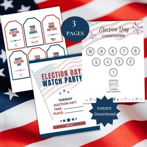 Könnte beinhalten: Druckbare Wahltags-Partydekorationen mit roten, weißen und blauen Sternen und Streifen. Der Druckbare enthält einen Countdown, eine Einladung zur Wahlparty und Etiketten mit den Aufschriften "Happy Election Day", "Your Vote Counts" und "Your Voice Matters".