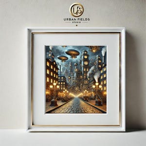Steampunk Cityscape at Night | High-Resolution 600 DPI | Airships and Glowing Gas Lamps | Steampunk Art | Multiple Sizes