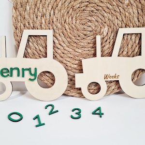 Cadeau fermier personnalisé pour nouveau-né, disques jalons en bois uniques avec numéros amovibles, cadeau tracteur pour nouveau bébé garçon accessoire photo