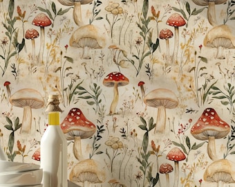 Cottagecore Pilz Tapete - Waldwandbild - Vintage botanisches Peel&Stick