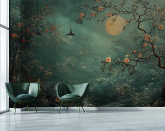 Puede incluir: Un mural de papel tapiz floral verde y azul con una gran luna amarilla pálida en el fondo. Dos sillas de terciopelo verde se colocan frente al mural.