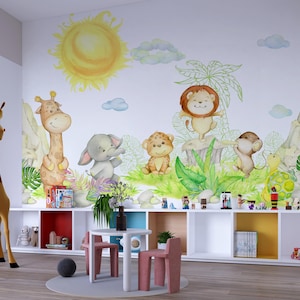 Adorable Safari Animals Kids Room Wallpaper | Peel and Stick Wallpaper | Canvas Peel and Stick Wallpaper