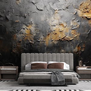 Carta da parati astratta con texture metallica nera e oro – Parete decorativa industriale di lusso per interni moderni