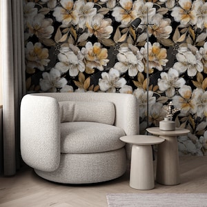 Elegant Floral Wallpaper - Black and Gold Watercolor Wallpaper | Peel and Stick Wallpaper | Canvas Peel and Stick Wallpaper