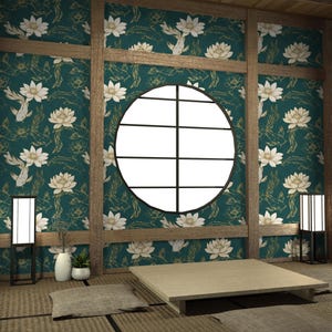 Luxury Oriental Lotus and Fish Wallpaper Design | Peel and Stick Wallpaper | Canvas Peel and Stick Wallpaper