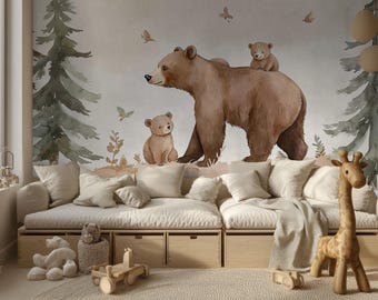 Papel pintado infantil con diseño de osos del bosque, autoadhesivo - Decoración neutra para la habitación del bebé