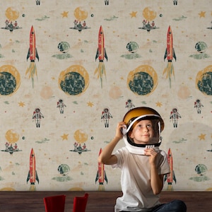 Carta da parati per bambini a tema spaziale retrò - Design con astronauti, razzi e pianeti / Carta da parati staccabile e adesiva / Carta da parati staccabile e adesiva su tela