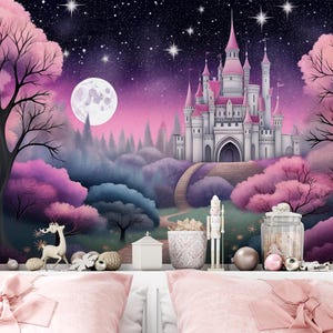 Carta da parati con castello delle fiabe e foresta rosa - Design magico per le camerette dei bambini / Carta da parati staccabile e adesiva / Carta da parati staccabile e adesiva su tela