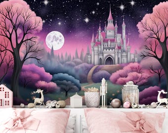 Papel pintado de castillo de cuento de hadas: decoración infantil con bosque rosa (adhesivo)