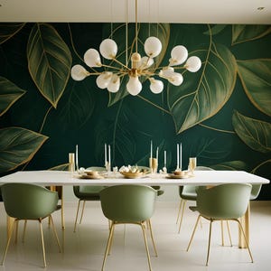 Luxuriöse Tapete mit Blattmuster in Grün und Gold – Elegante und Natürliche Atmosphäre | Tapete abziehen und aufkleben | Tapete zum Abziehen und Aufkleben