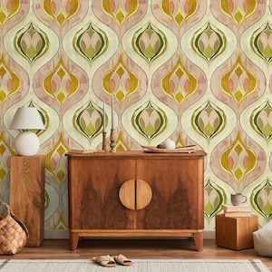 Vintage Floral Geometric Wallpaper - Soft Pastel Pink, Green & Yellow Pattern | Peel and Stick Wallpaper | Canvas Peel and Stick Wallpaper