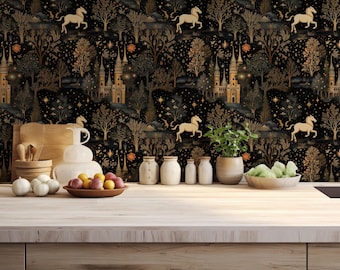 Dark Fantasy Wallpaper Peel&Stick - Vintage Gold Wall Mural - Moody Gothic Decor