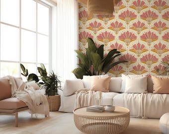 Tapeta w stylu vintage art déco z motywem kwiatowym: brzoskwiniowo-złota, samoprzylepna