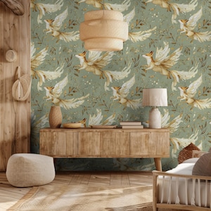Whimsical Foxes with Wings Floral Wallpaper | Peel and Stick Wallpaper | Canvas Peel and Stick Wallpaper