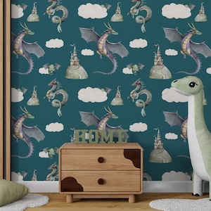 Fantasy Dragon and Castle Wallpaper - Whimsical Kids Room Peel and Stick Mural | Peel and Stick Wallpaper | Canvas Peel and Stick Wallpaper