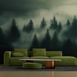 Misty Forest Landscape Dark Green Wallpaper | Peel and Stick Wallpaper | Canvas Peel and Stick Wallpaper