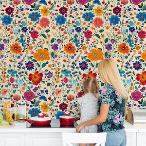 Colorful Floral Wallpaper – Decorative Design with Vibrant Spring Flowers | Peel and Stick Wallpaper | Canvas Peel and Stick Wallpaper