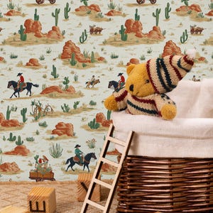 Wild West Cowboy Kids Wallpaper - Cactus and Horse Pattern, Adventure Theme | Peel and Stick Wallpaper | Canvas Peel and Stick Wallpaper