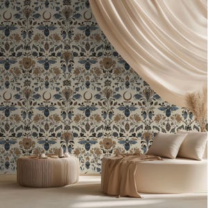 Elegante carta da parati con motivo ape e floreale - Design botanico beige e oro / Carta da parati staccabile e adesiva / Carta da parati staccabile e adesiva in tela