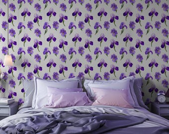 Purple Iris Watercolor Floral Wallpaper: Elegant Peel and Stick Canvas