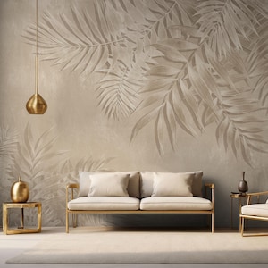 Beige Tropical Leaf Wallpaper - Modern Nature-Themed Wall Covering | Peel and Stick Wallpaper | Canvas Peel and Stick Wallpaper
