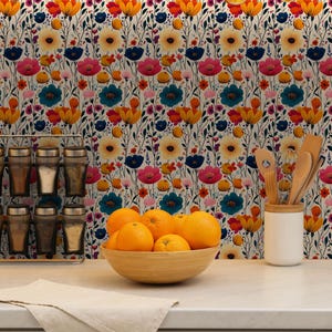 Papier peint floral coloré - Motif botanique vibrant pour la décoration intérieure | Papier peint autocollant | Papier peint autocollant Canvas