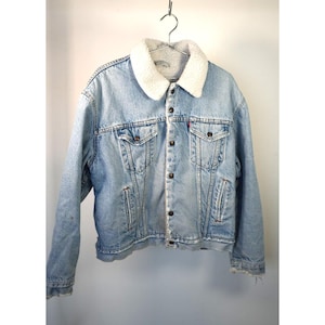 Vintage Levi&#39;s Sherpa Lined Snap Button Denim Trucker Jacke Blau Größe 46