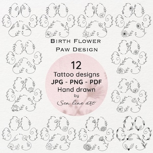 12 Birth Flower Paw Tattoo Design, Minimalist Tattoo,  Digital Tattoo Design, Tiny Tattoo, Line Art, Floral tattoo, PNG/JPEG/PDF Files