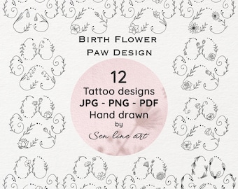 Diseño de tatuaje de flor de nacimiento en la pata, arte lineal minimalista (archivos digitales)