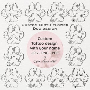 Custom Birth Flower Dog Tattoo Design, Minimalist dog Tattoo, Line Art, Tiny Digital Tattoo, PNG/JPEG/PDF Files, Personalised Design