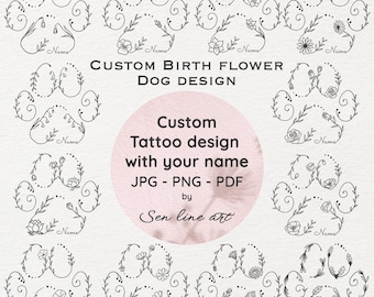 Motif personnalisé de tatouage de patte de chien de fleur de naissance, dessin au trait (PNG/JPEG/PDF)
