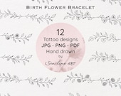 12 Birth Flower Bracelets Tattoo Design, Minimalist Tattoo,  Digital Tattoo Design, Tiny Tattoo, Line Art, Floral tattoo, PNG/JPEG/PDF Files
