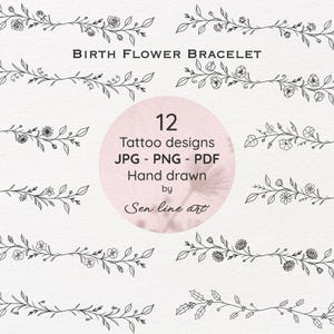 12 Birth Flower Bracelets Tattoo Design, Minimalist Tattoo,  Digital Tattoo Design, Tiny Tattoo, Line Art, Floral tattoo, PNG/JPEG/PDF Files