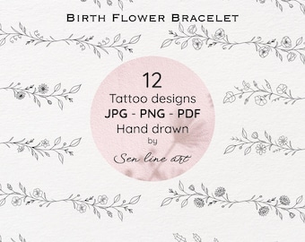 12 conception de tatouage de bracelets de fleurs de naissance, tatouage minimaliste, conception de tatouage numérique, petit tatouage, dessin au trait, tatouage floral, fichiers PNG/JPEG/PDF