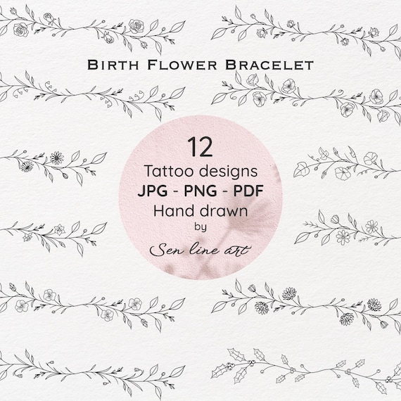 12 Birth Flower Bracelets Tattoo Design, Minimalist Tattoo,  Digital Tattoo Design, Tiny Tattoo, Line Art, Floral tattoo, PNG/JPEG/PDF Files