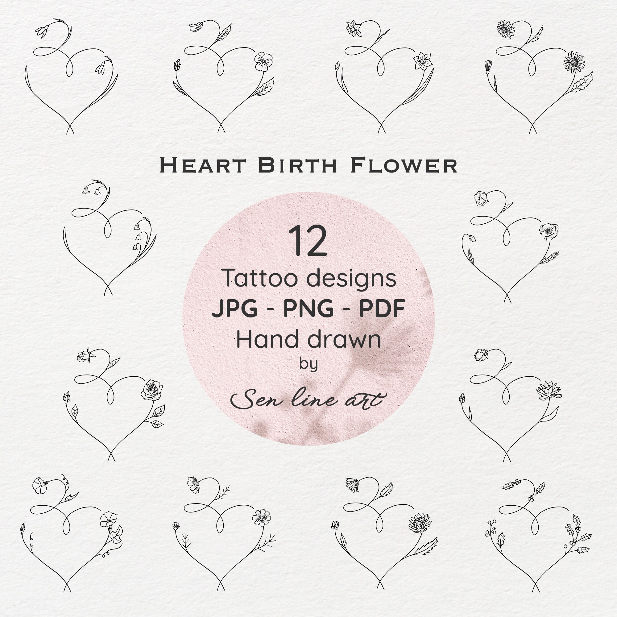 Heart Shape Birth Flower Tattoo Design, Minimalist Tattoo, Digital ...
