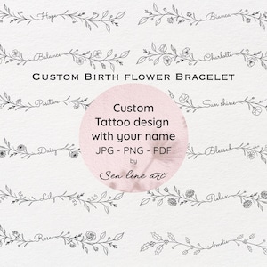 Custom Birth Flower Bracelet Tattoo Design, Minimalist Floral Tattoo, Line Art, Tiny Digital Tattoo, PNG/JPEG/PDF Files, Personalised Design