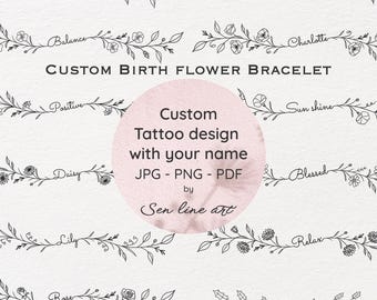 Custom Birth Flower Bracelet Tattoo Design, Minimalist Line Art (Digital Files)